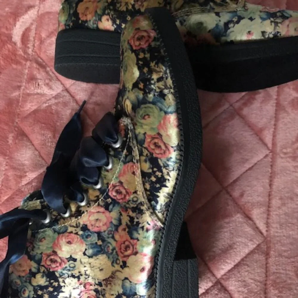 Dirty Laundry Floral Ankle Booties with Navy Ribbon Laces - Picture 2 of 3